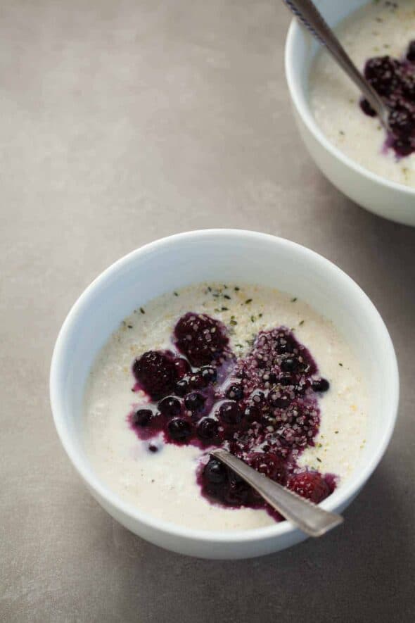 Paleo Coconut Porridge with Berry Sauce in Bowl