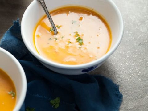 Spicy Carrot Sweet Potato Soup Recipe - A quick-cooking, comforting and fiery sweet carrot and sweet potato soup.
