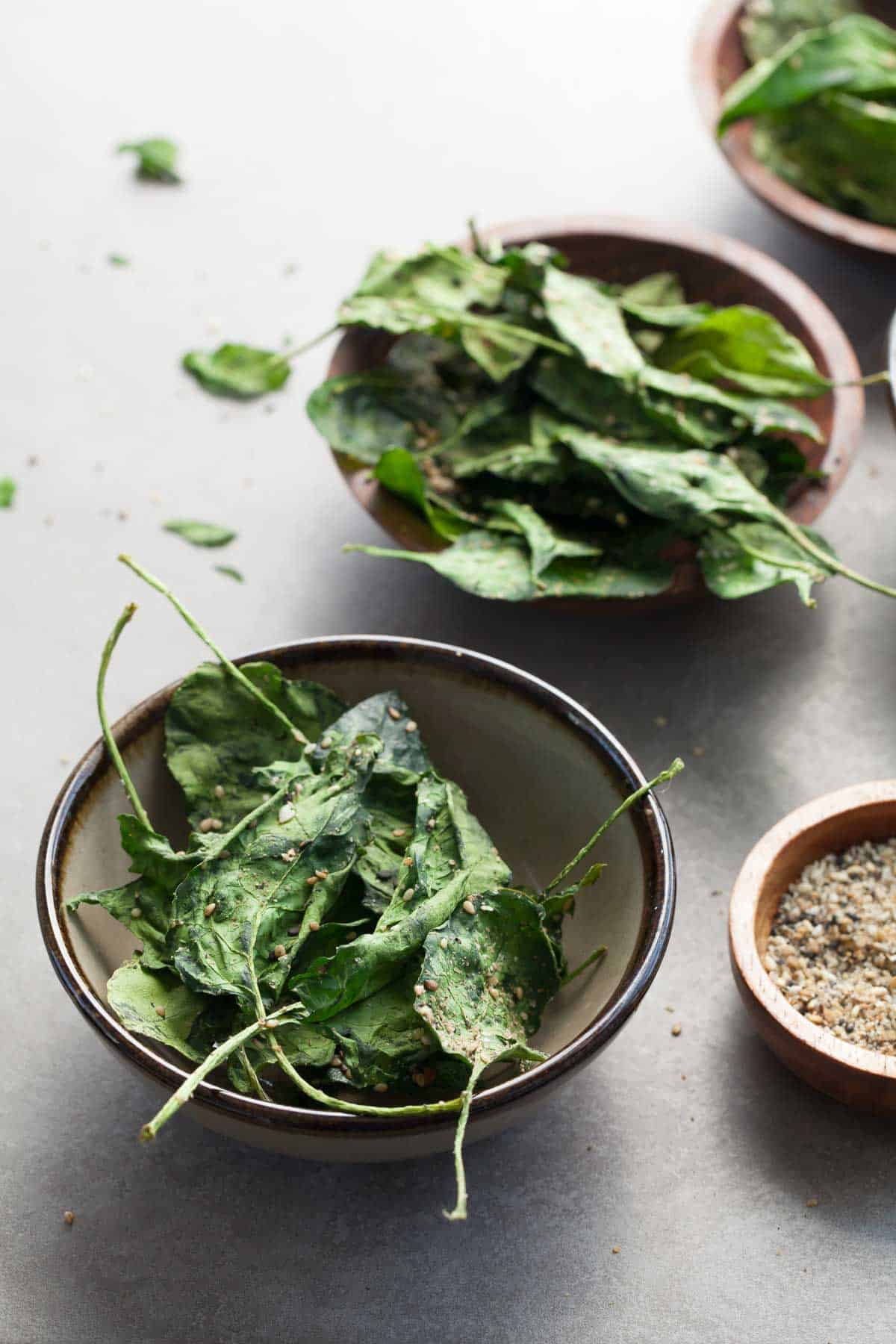 Spinach Chips in Serving Bowl