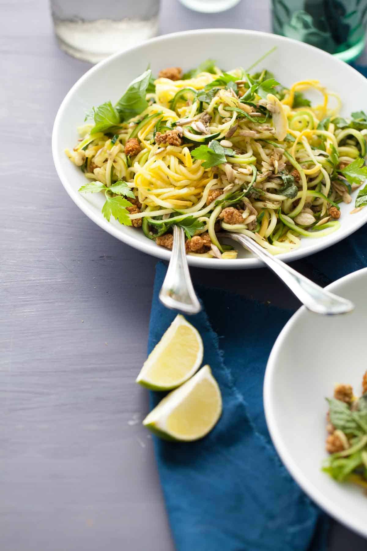 Spiralized Summer Squash Salad in Bowl with Fork