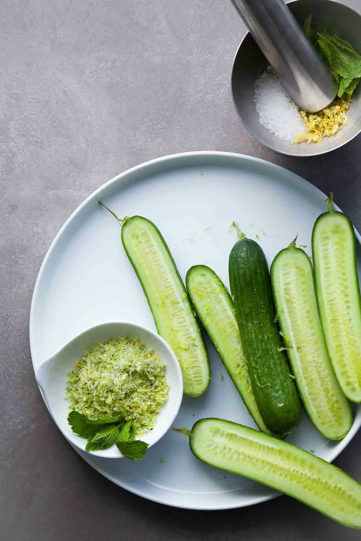 Cucumber Spears with Citrus Mint Salt on Plate