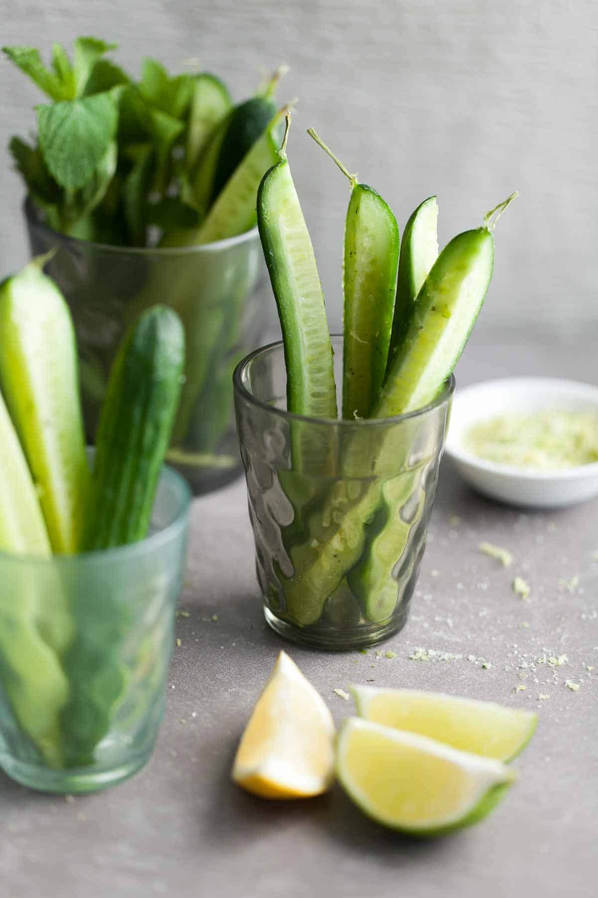 Cucumber Spears with Citrus Mint Salt in Glasses