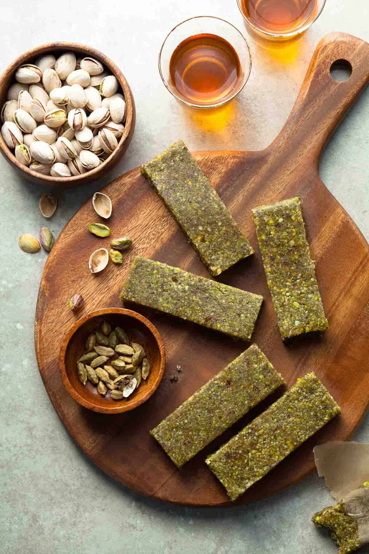 Pistachio Date Energy Bars on Cutting Board