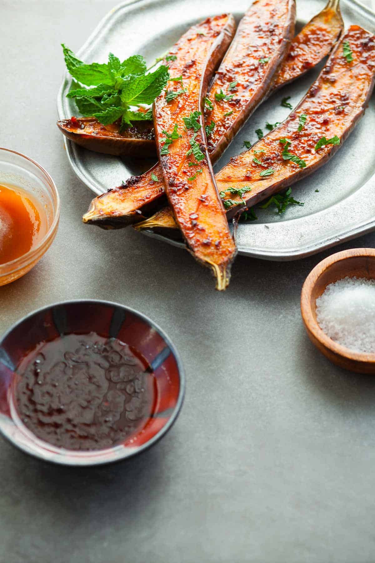 Honey Harissa Spicy Roasted Eggplant with Sauce