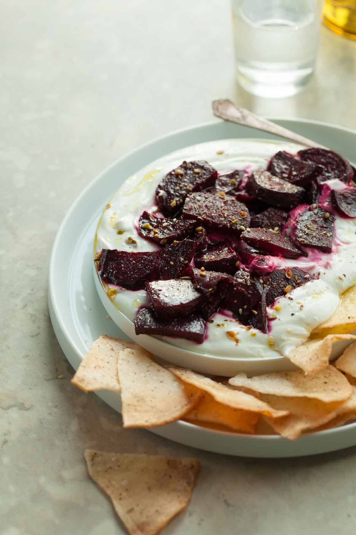 Honey Roasted Beets with Yogurt Dip on Platter with Chips