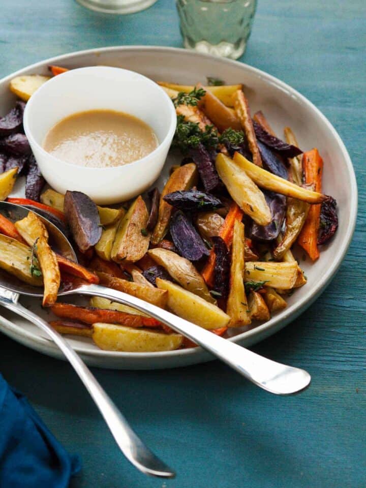Thyme Roasted Root Vegetables with Miso Mustard Sauce Recipe -