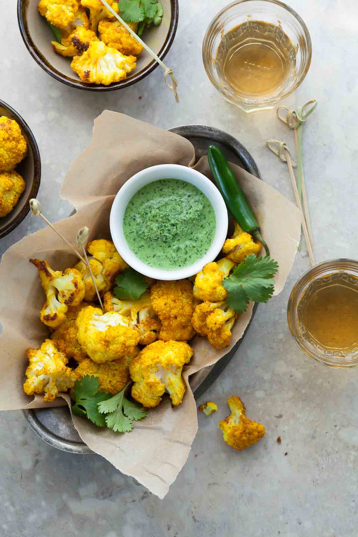 Cauliflower Poppers with Chutney in Bowls