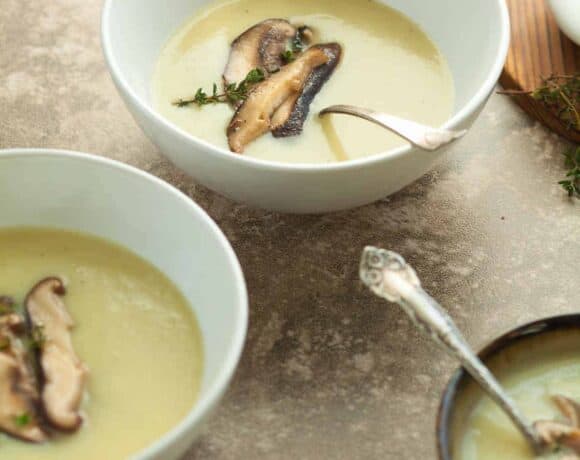 Celery Root and Potato Soup with Sautéed Shiitakes - A velvety cold-weather soup made with celery root and potatoes and topped with sautéed shiitake mushrooms.