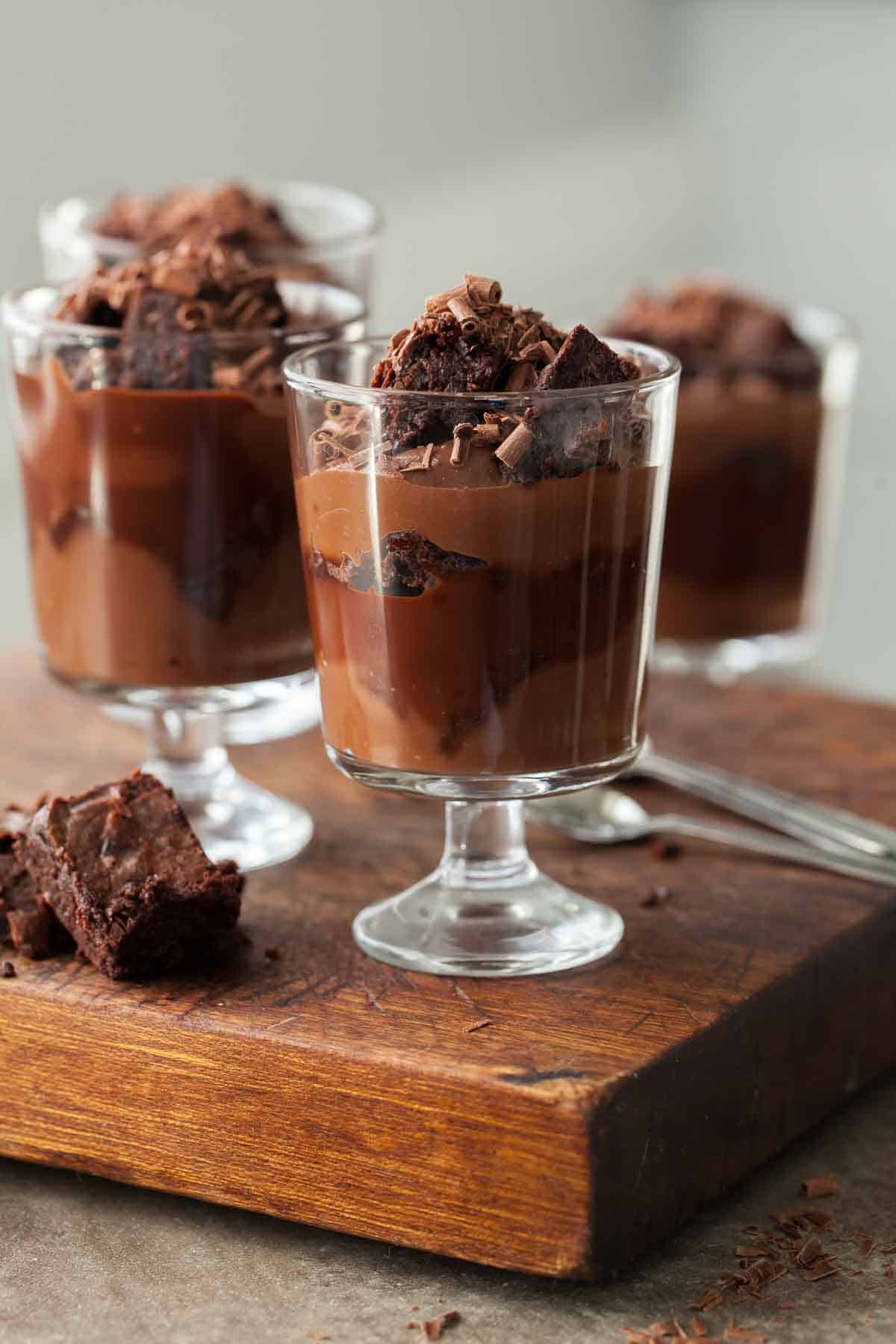 Chocolate Brownie Trifle in Glasses on Wood Board