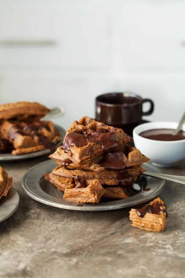 Paleo Chocolate Chip Almond Butter Waffles Stack with Chocolate Sauce 