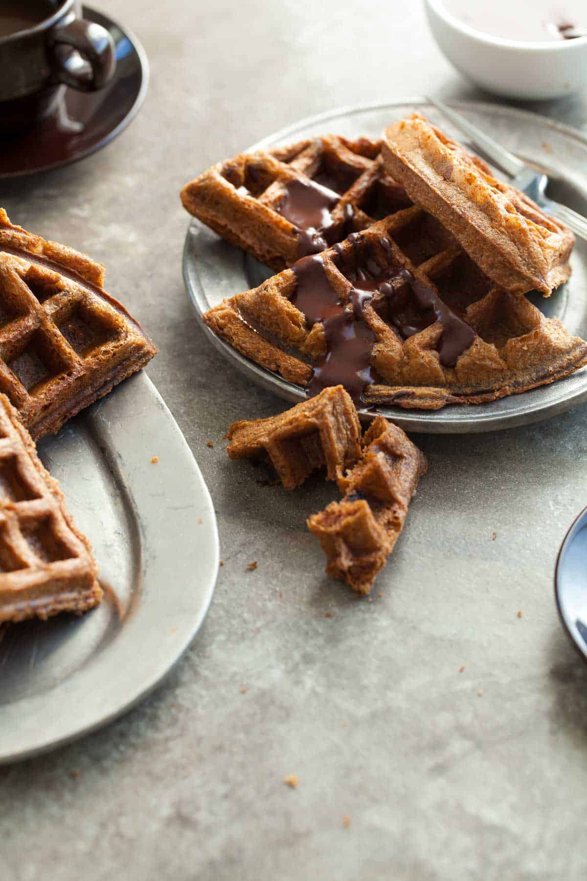 Flourless Waffles with Chocolate Sauce on Plate