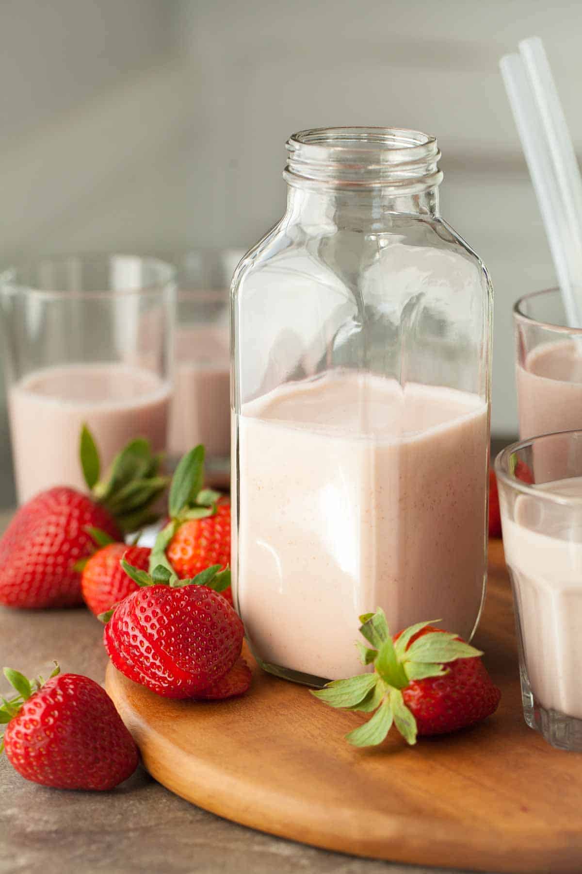 Dairy-Free Strawberry Milk in Glass Bottle
