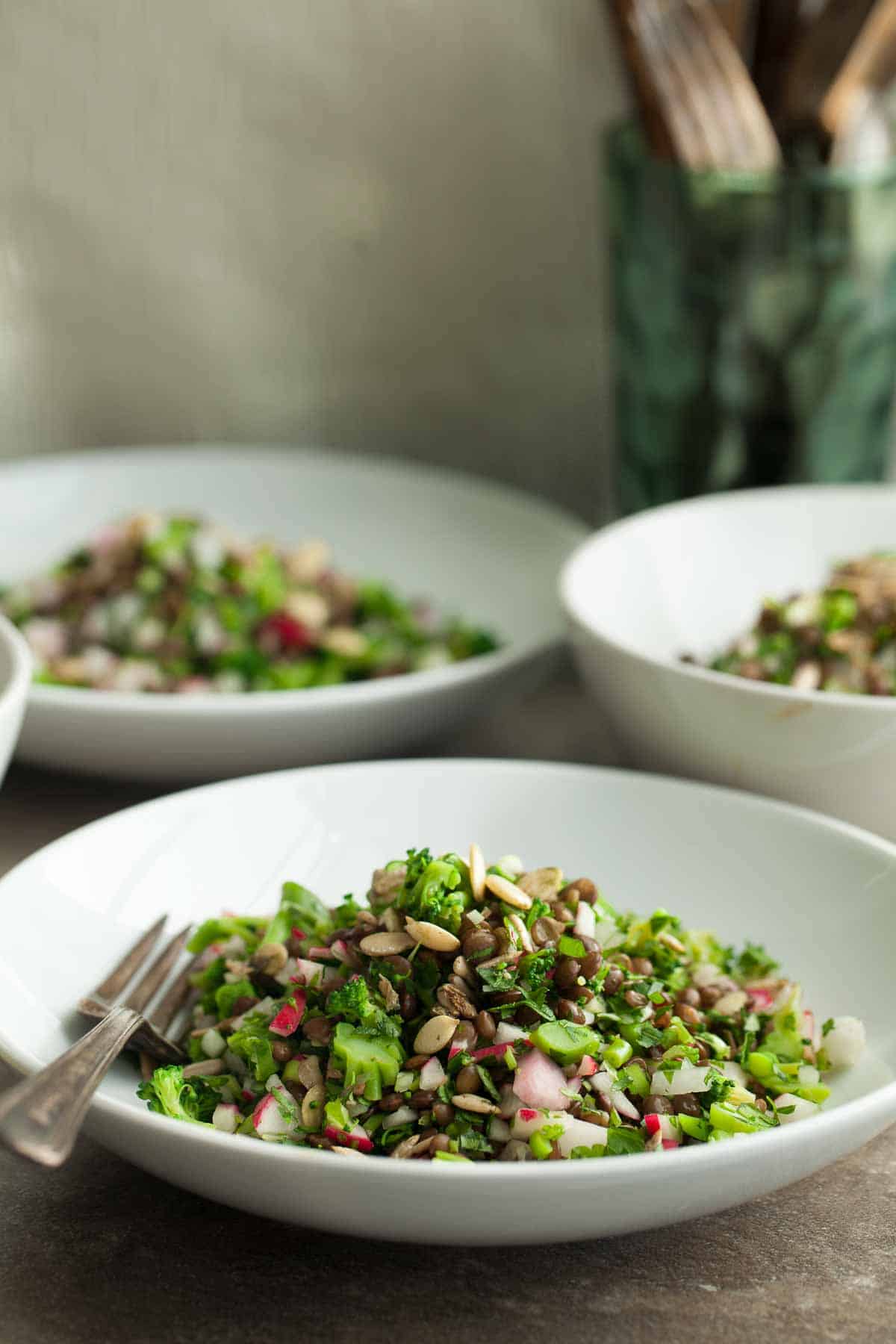 Vegan Lentil Salad in Bowl Side View