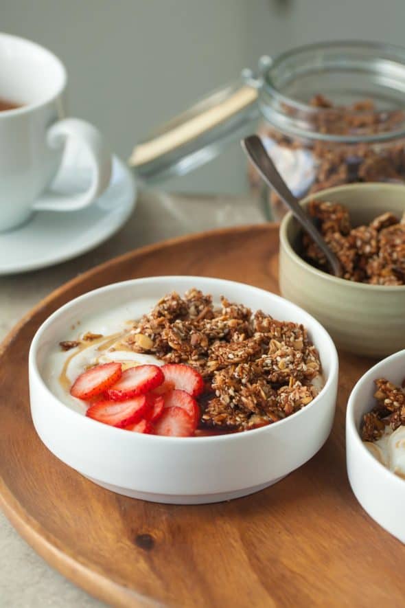 Super Seeded Grain-Free Granola Tahini Yogurt Breakfast Bowls Topped with Strawberries