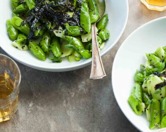 Sesame Snap Pea and Broccoli Stalk Salad (Vegan, Paleo) - sesame seeds toasted nori and a drizzle of sesame oil turn fresh sugar snap peas and broccoli stalks into a special side salad.