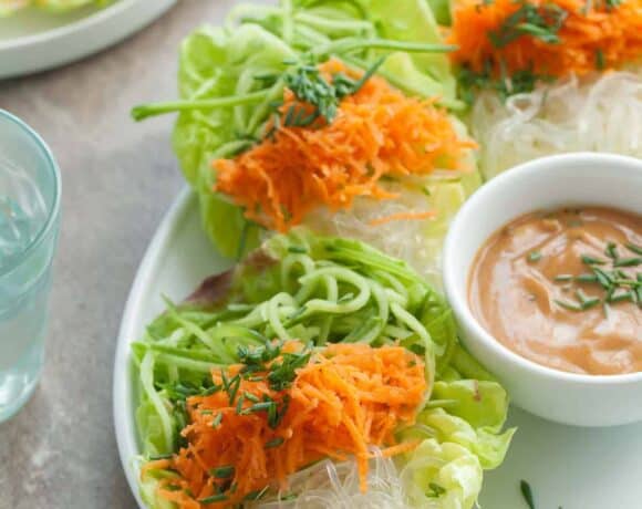 Cucumber and Kelp Noodle Lettuce Wraps with Sesame Sunflower Sauce (Raw, Paleo, Vegan) - carrots, cucumber, kelp noodles and a creamy sesame sunflower sauce fill these summer roll inspired lettuce wraps.