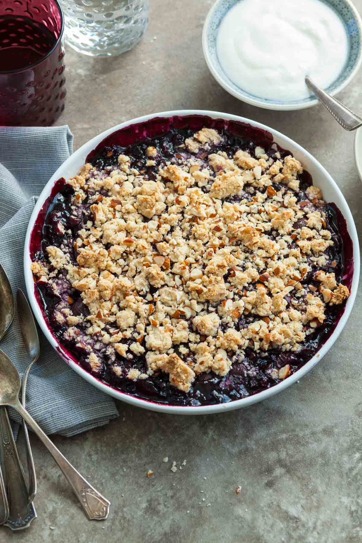 Cherry Crumble in Dish on Table