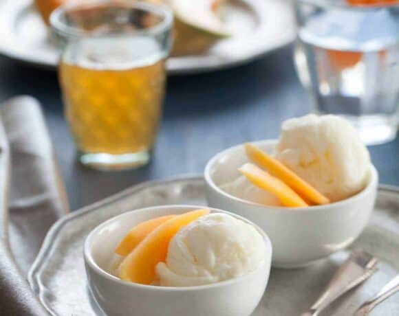 Goat Milk Frozen Yogurt with Tea Infused CantaloupeGoat Milk Frozen Yogurt with Tea Infused Cantaloupe