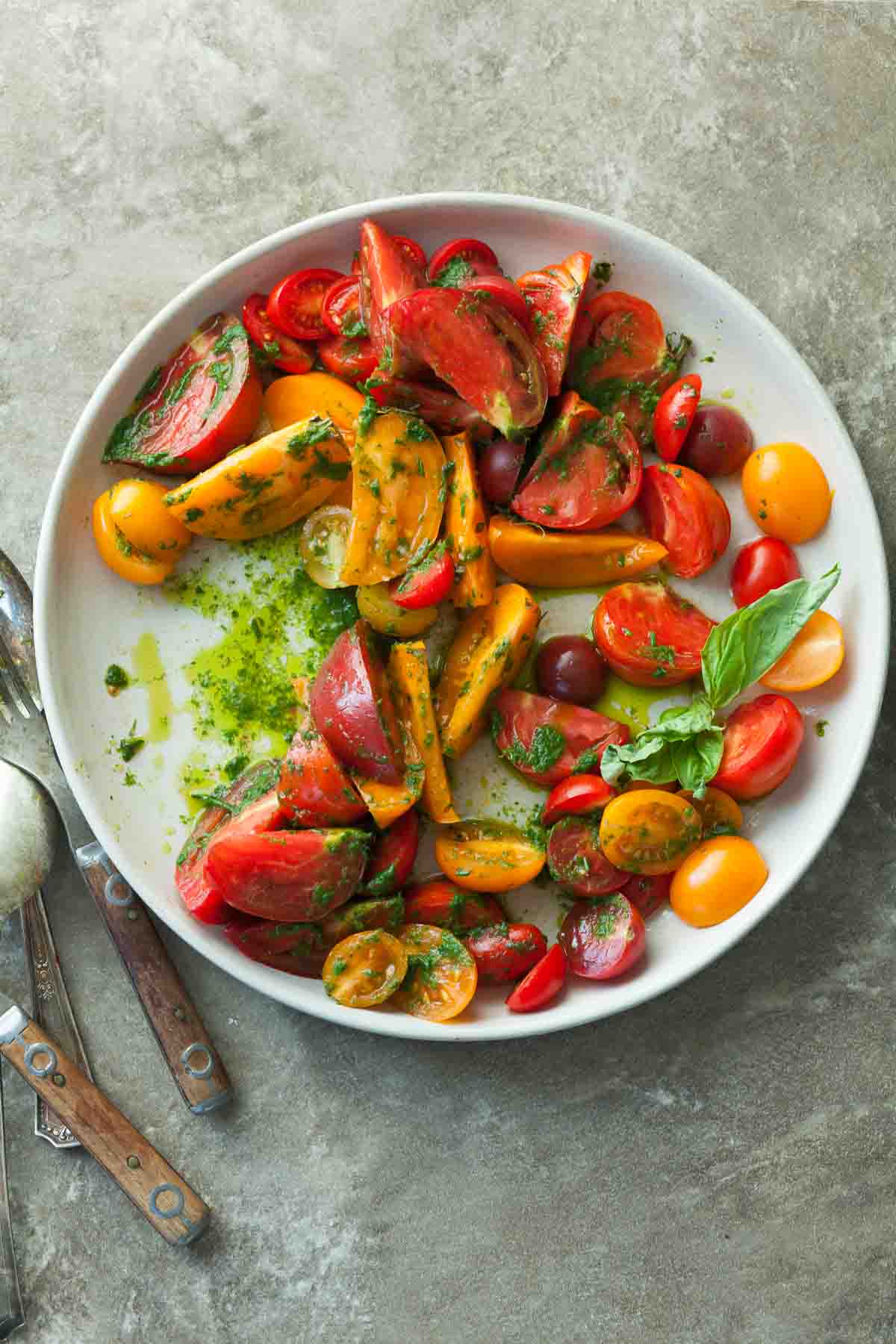 Heirloom Tomato Salad with Basil on Plate