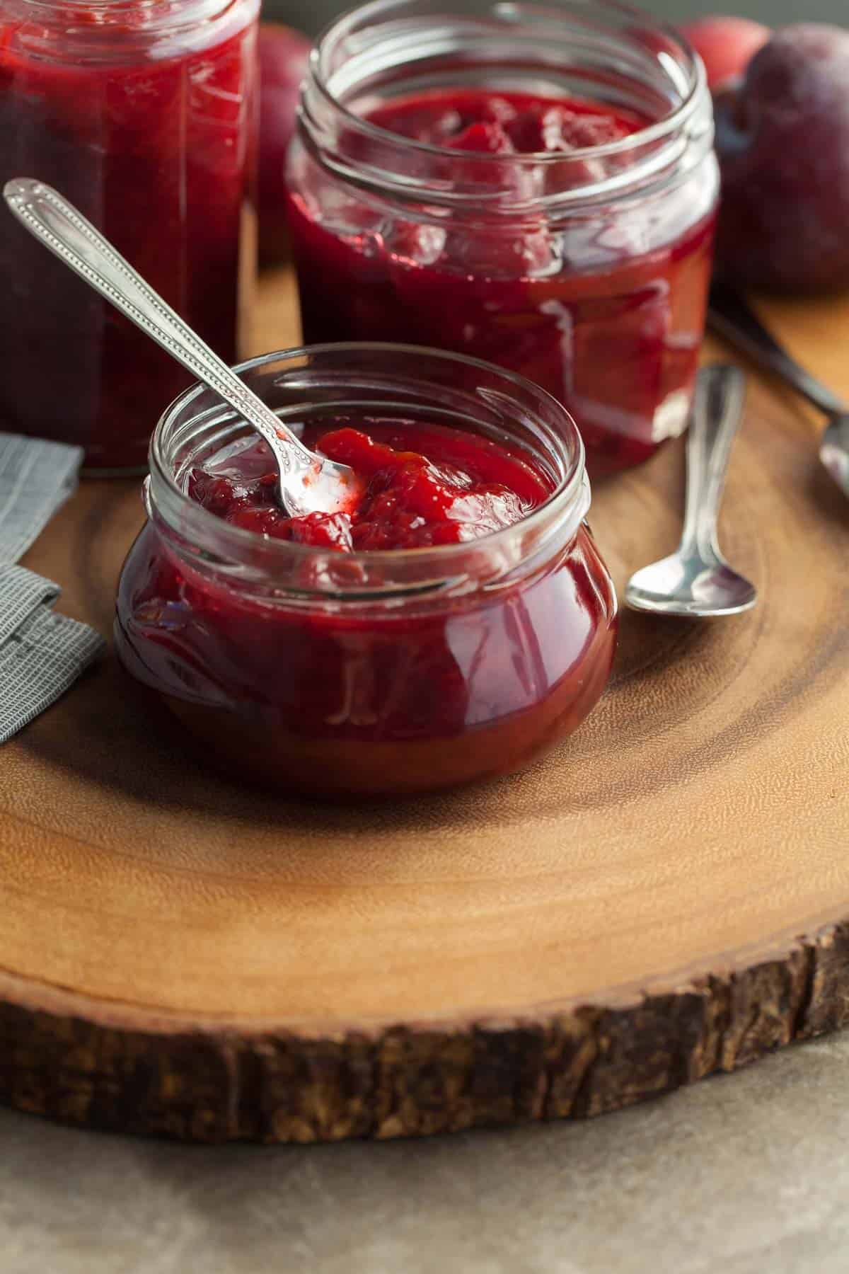 Oven Roasted Plum Cardamom Jam Jars with Spoons 