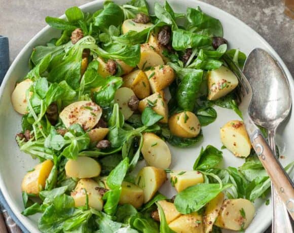 Potato Mache Salad with Fried Capers - Hold the mayo for this fresh potato salad made with whole grain mustard, mache lettuce and fried capers.