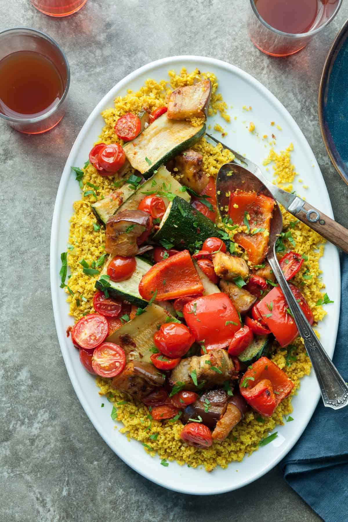 Roasted Ratatouille with Cauliflower Couscous on Platter