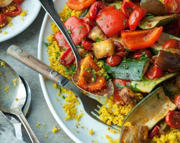 Roasted Ratatouille with Cauliflower Couscous (Paleo, Vegan) - An easy oven-roasted and harissa spiced ratatouille served with cauliflower couscous.