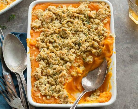 Sweet Potato Butternut Squash Gratin (Paleo, Vegan) - This thyme scented sweet potato and butternut squash gratin is a savory alternative to the usual sweet potato casserole this holiday season.