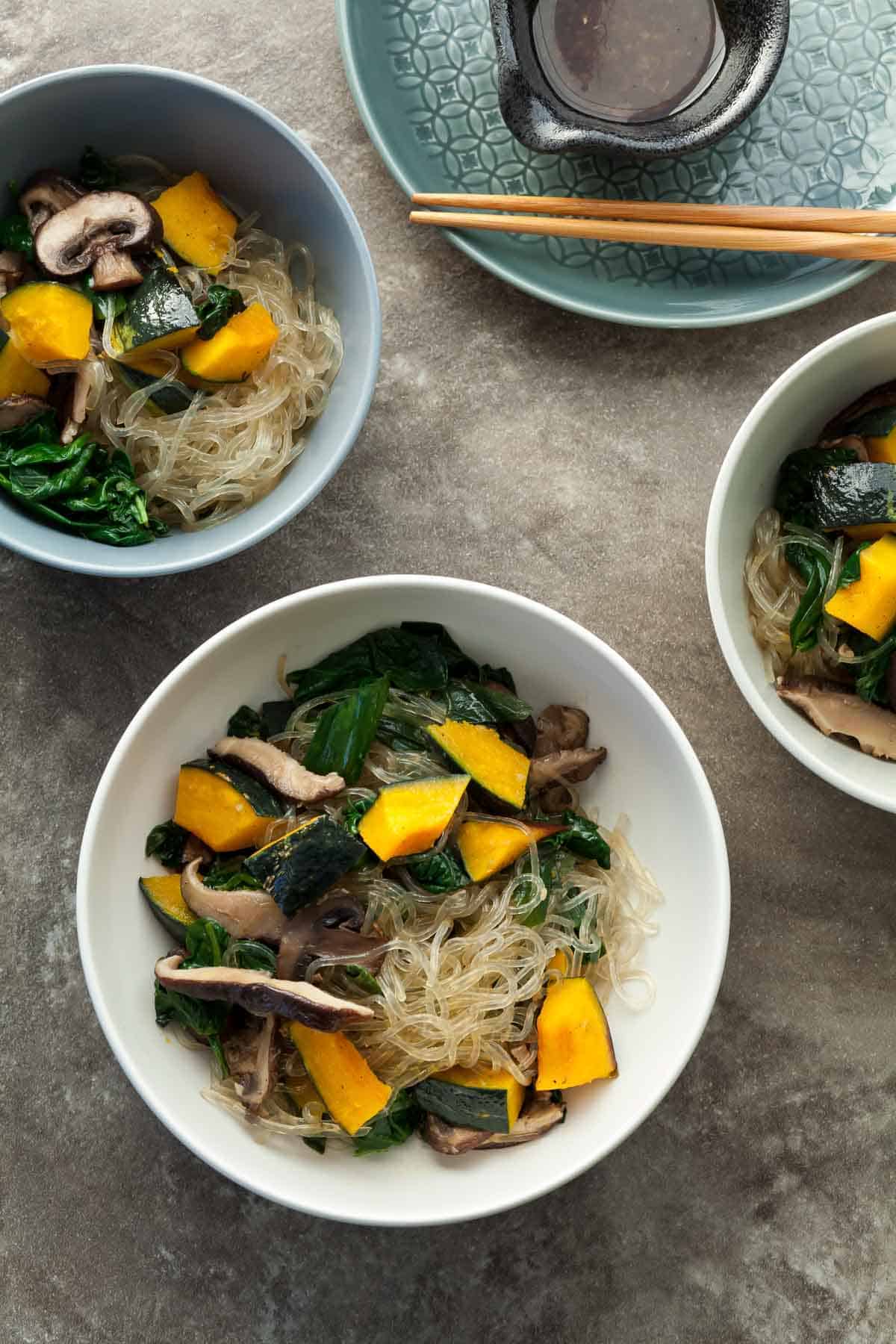 Veggie Japchae in Bowls with Sauce