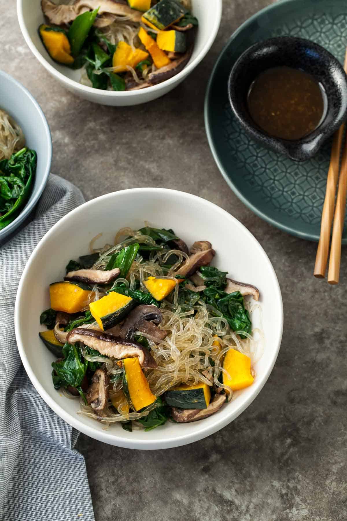 Vegetable Japchae in Bowls with Napkin