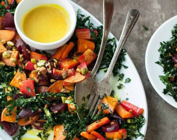 Roasted Root Vegetable and Kale Salad with Creamy Turmeric Dressing (Paleo, Vegan)