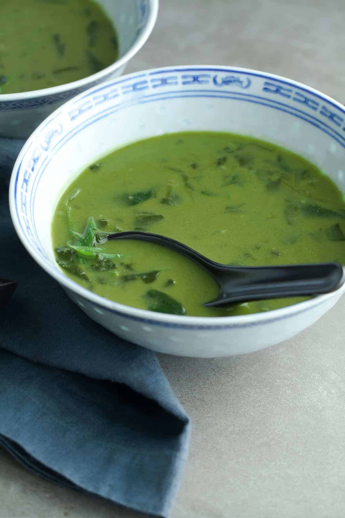 Thai Green Curry Soup in Bowl with Spoon