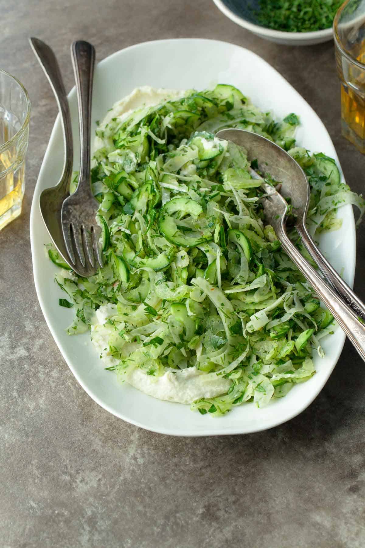 Cucumber and Celery Salad on Plate with Forks