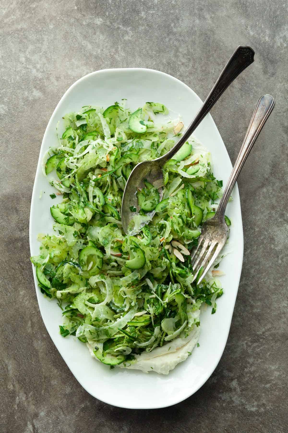  Cucumber Celery Salad on Serving Plate with Spoon