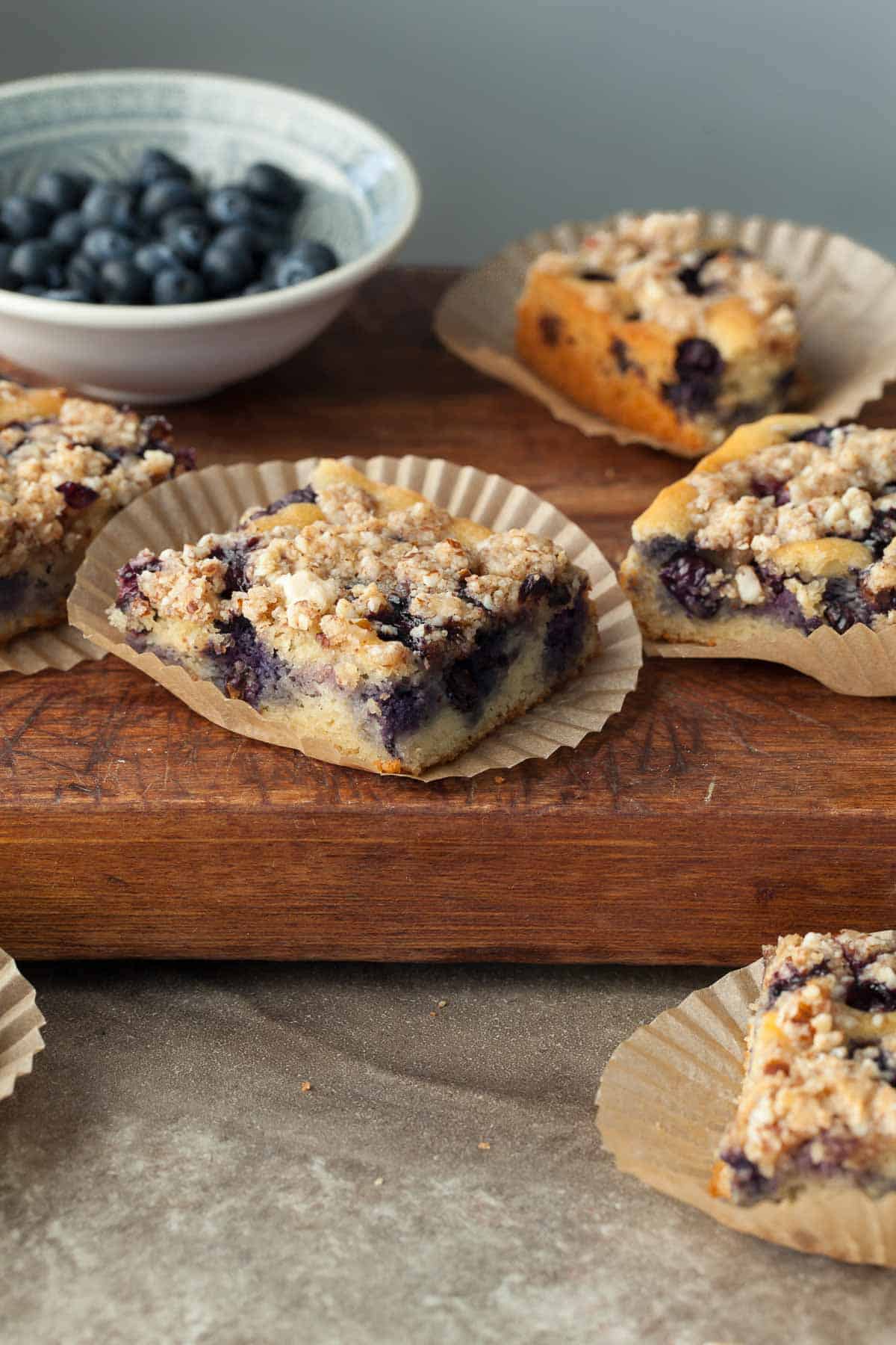 Gluten-Free Blueberry Coffee Cake on Wood Board