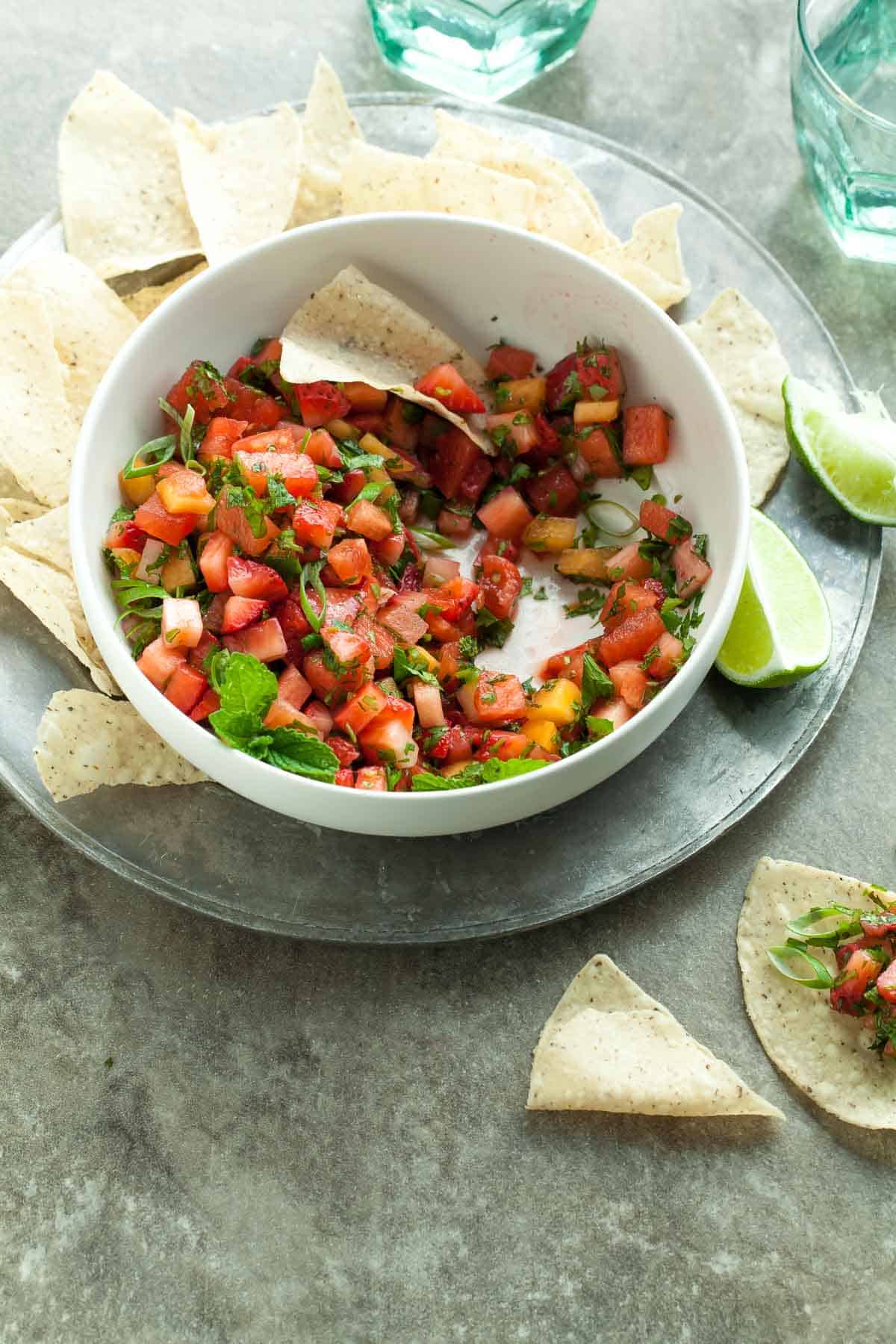 Strawberry Salsa in Bowl with Chips