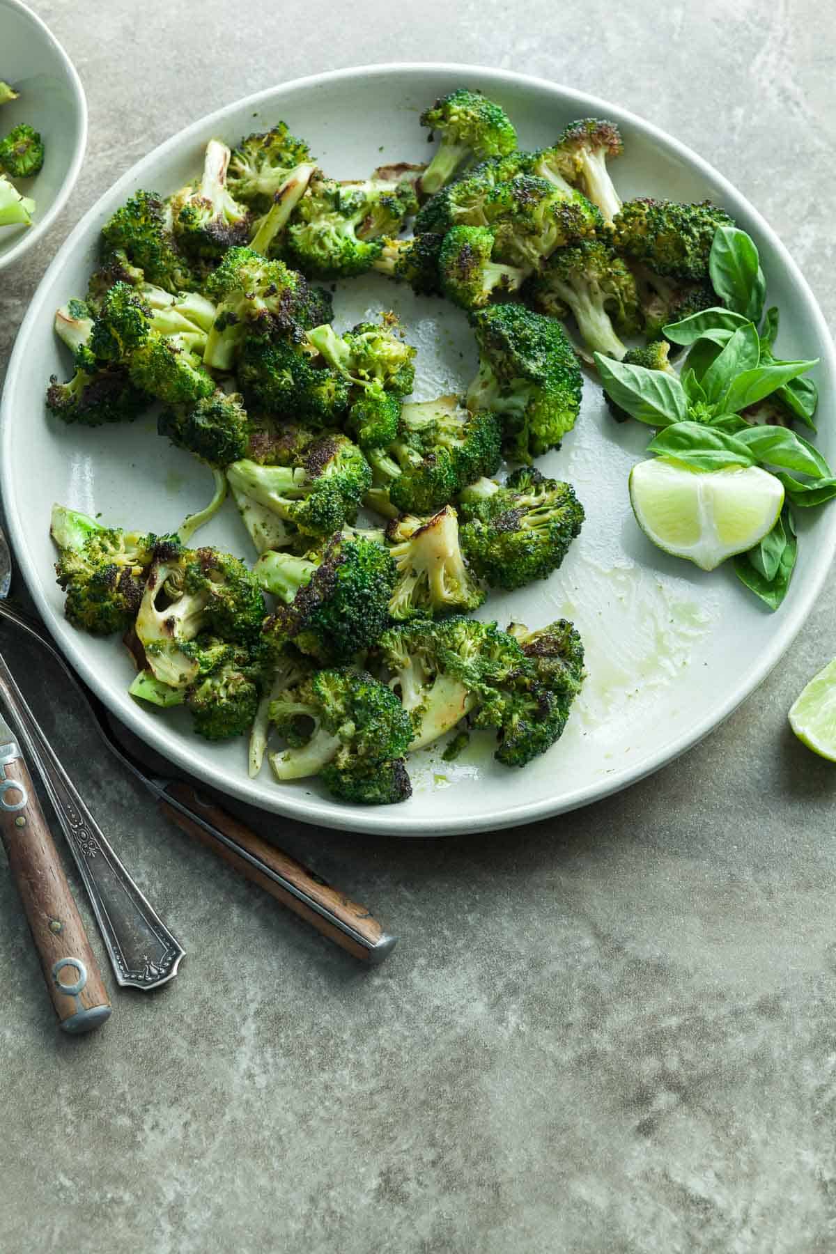 Basil Broccoli on Plate with Lime Wedge