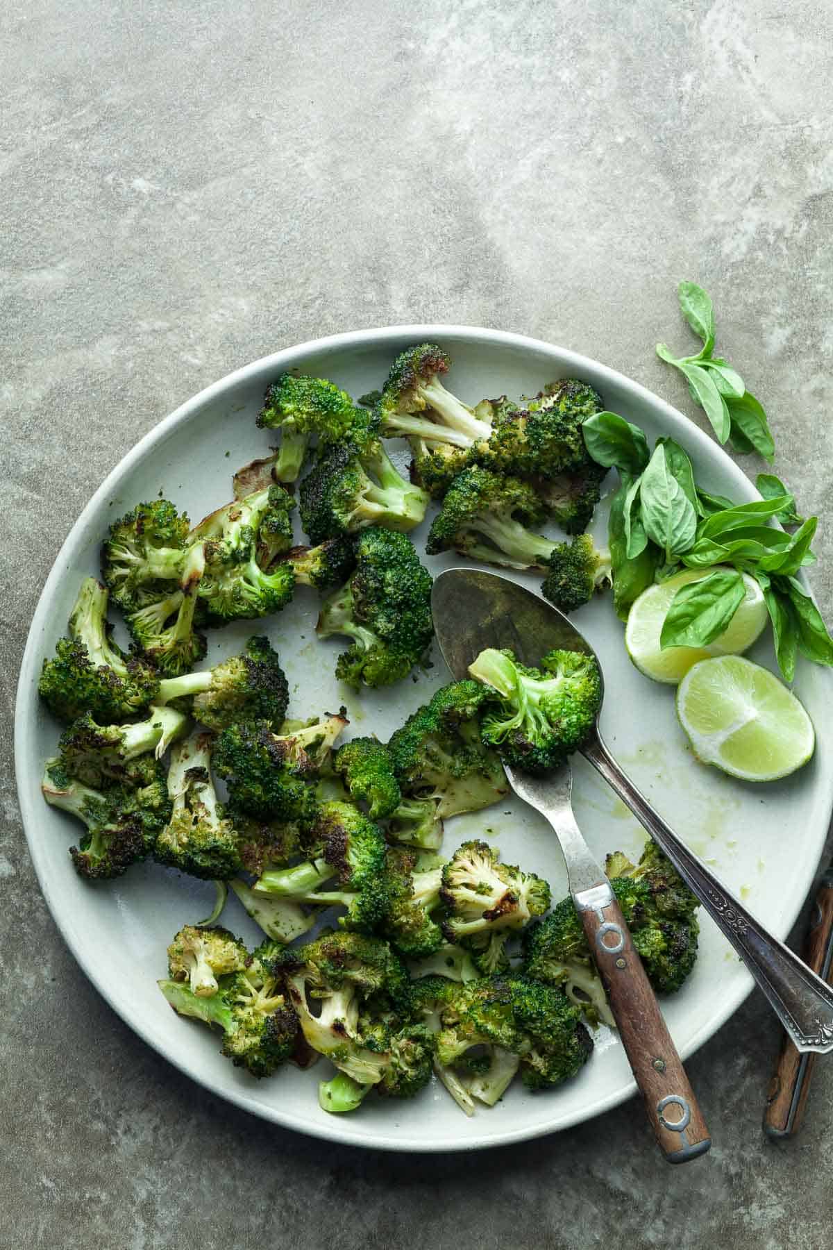 Basil Broccoli on Plate with Serving Spoon