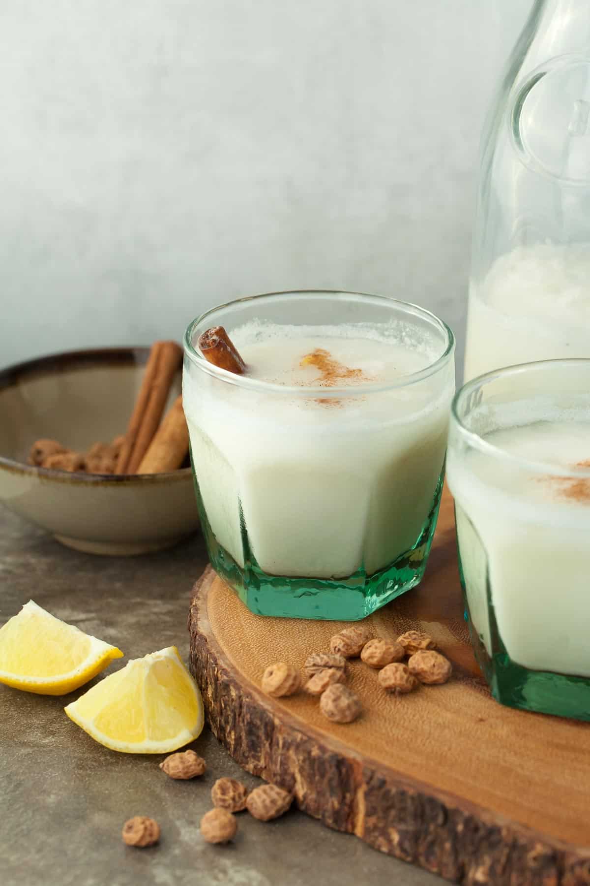 Tiger Nut Milk in Glass with Cinnamon Stick