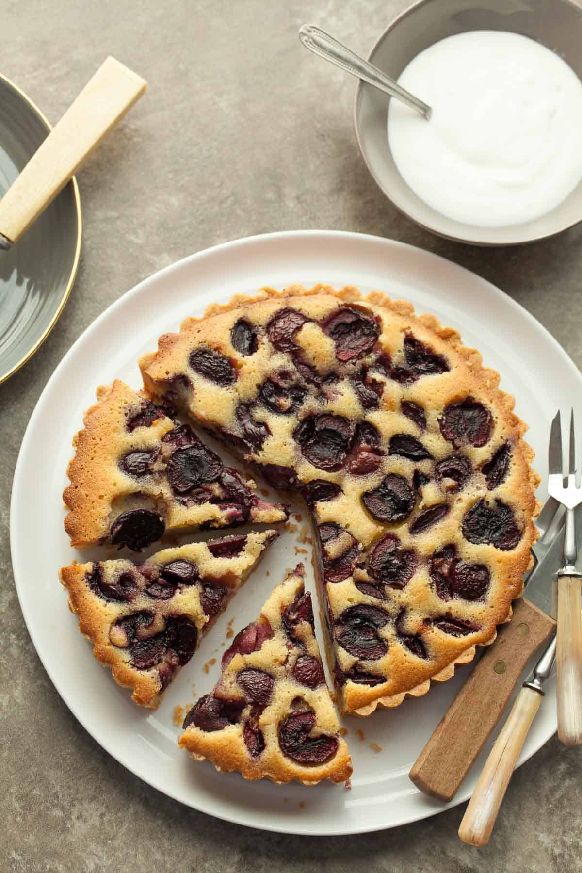 Cherry Almond Tart Sliced on Plate