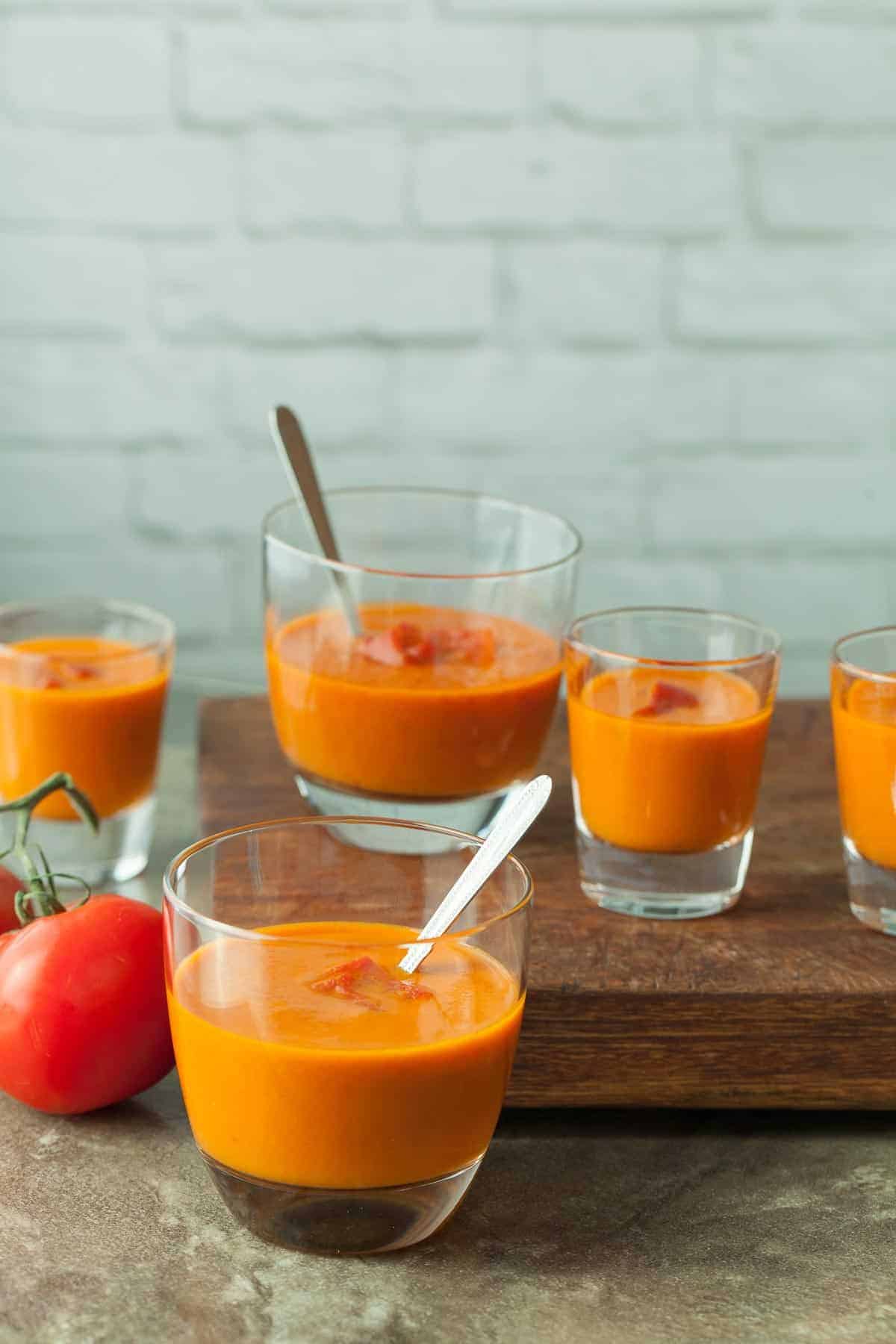 Healthy Roasted Red Pepper and Tomato Soup in glasses