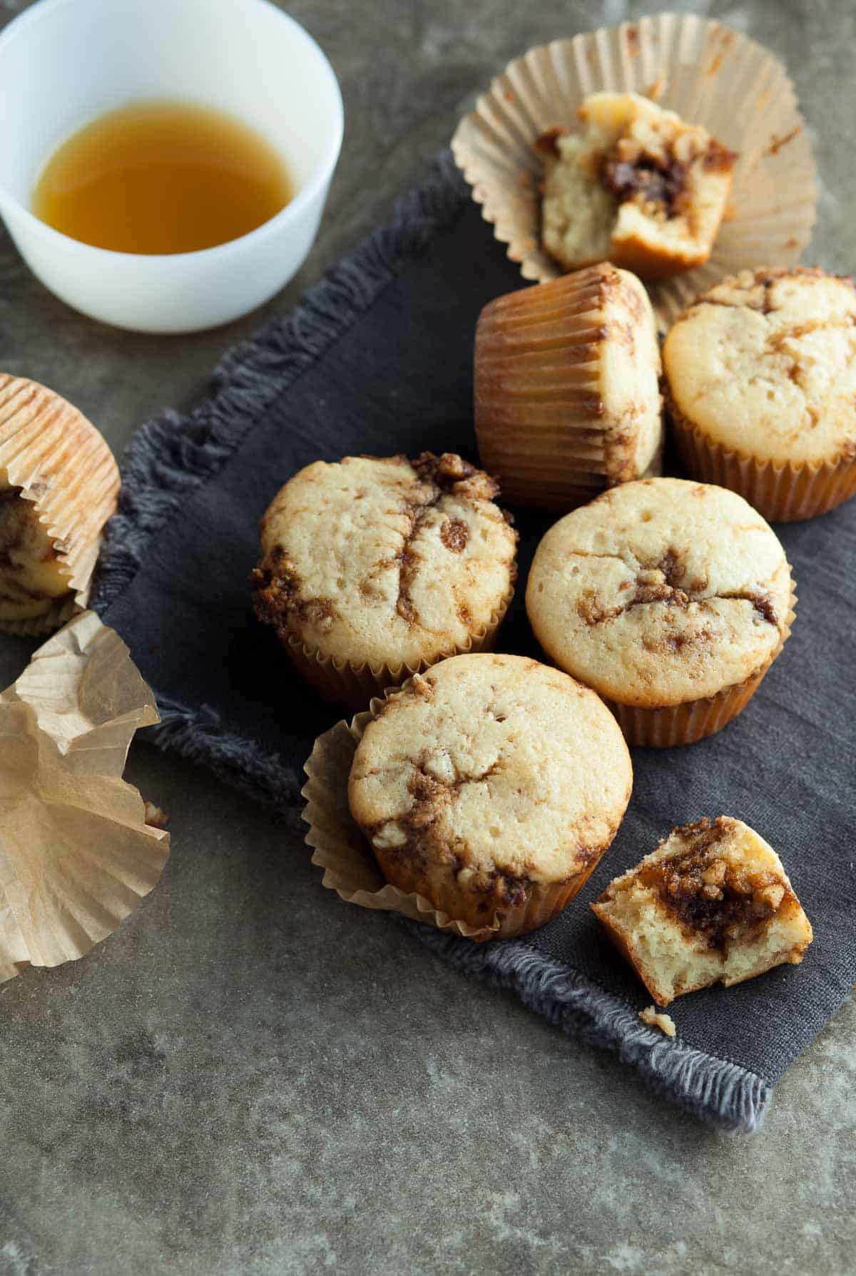 Cinnamon Swirl Pancake Muffins on Grey Napkin