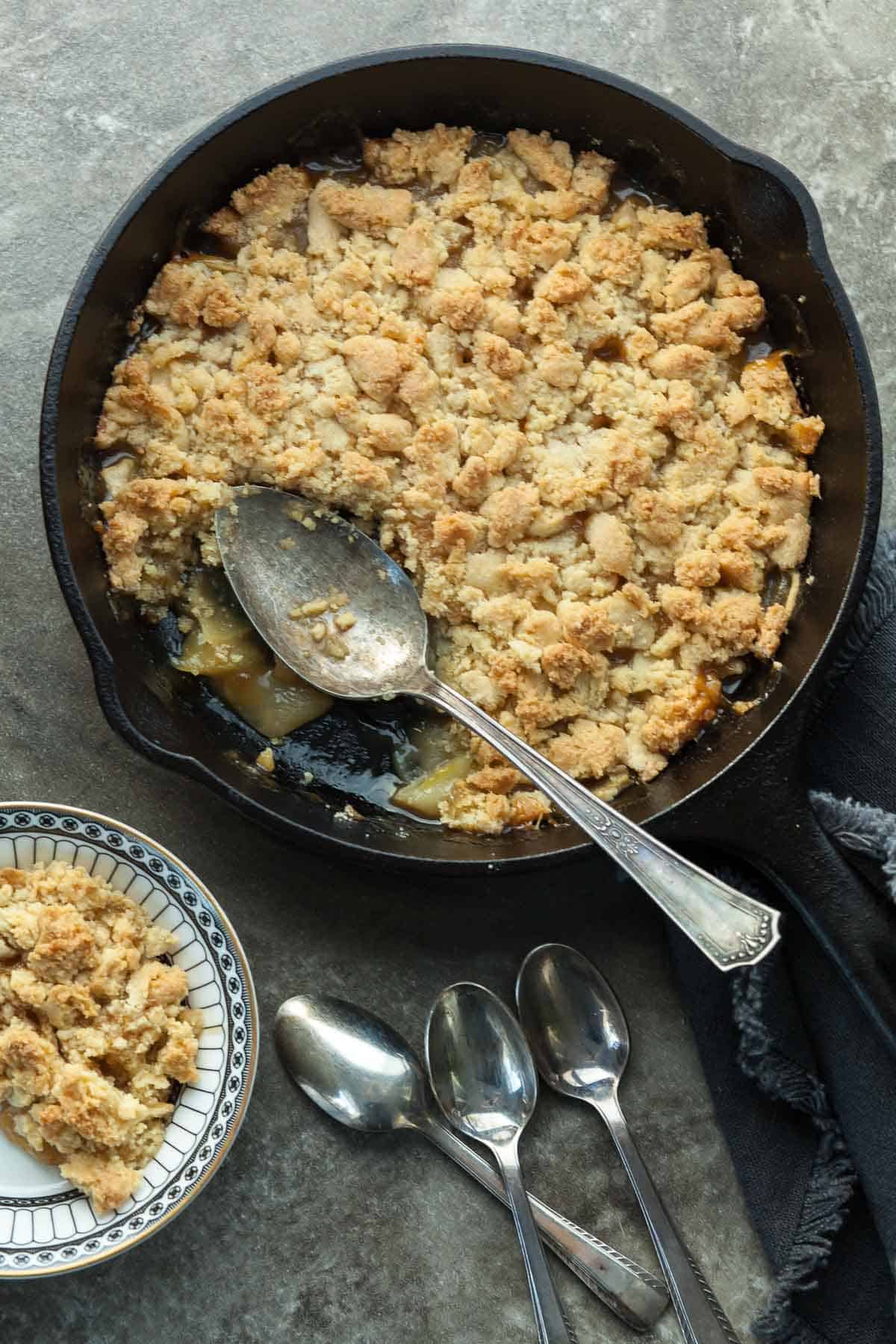 Gluten-Free Apple Crumble in Skillet with Spoon