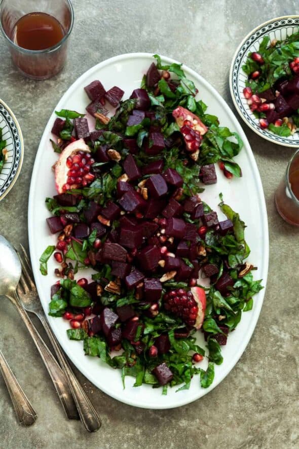 Pomegranate Glazed Beet and Greens Salad on Platter