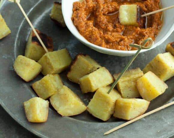 Roasted Japanese Sweet Potatoes with Sun-Dried Tomato Romesco