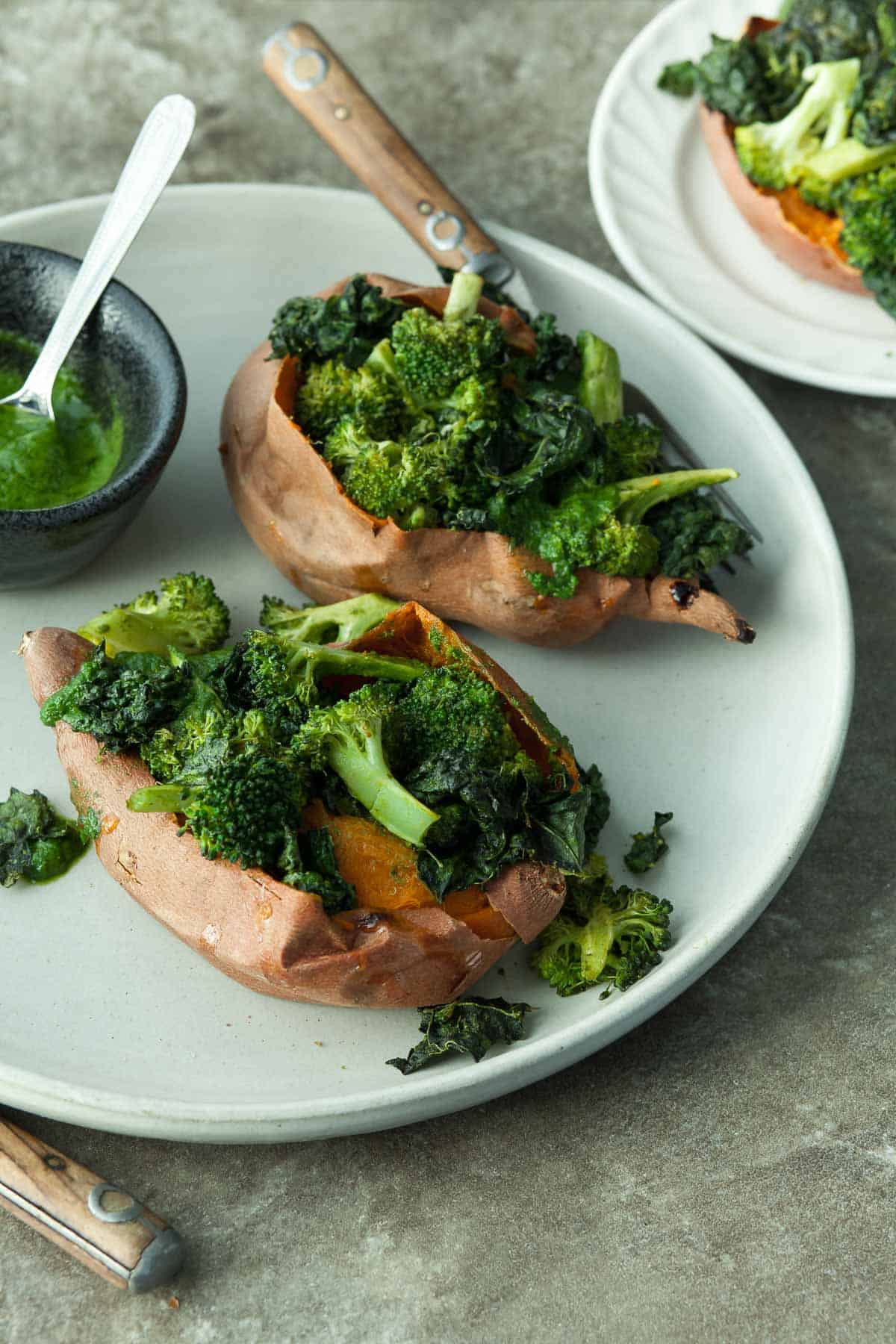 Stuffed Sweet Potatoes with Broccoli on Plate