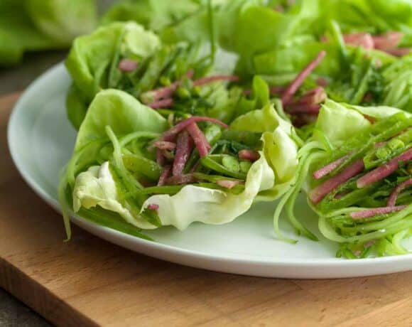 Spring Lettuce Cups with Snap Pea Radish Slaw and Cucumber Noodles