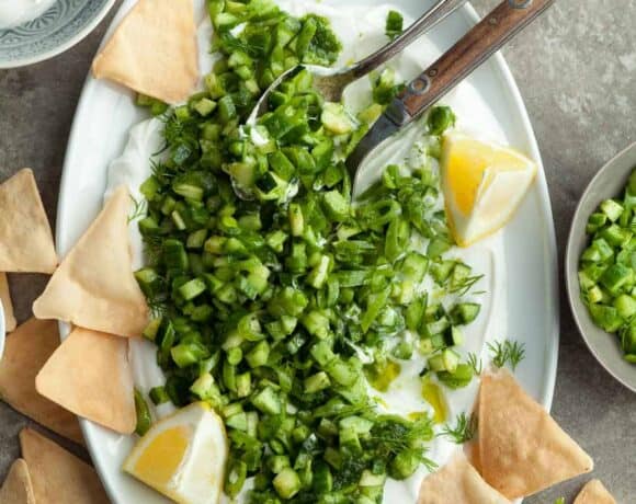 Chopped Cucumber, Zucchini and Snap Pea Salad over Seasoned Yogurt