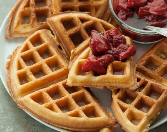 Gluten-Free Blender Waffles with Roasted Strawberry Sauce (Grain-Free)