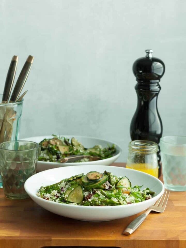 Mediterranean Cauliflower Couscous Salad with Zucchini and Asparagus